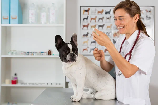 Dog at the veterinarian for a pre-travel health check, vaccinations, and microchip verification